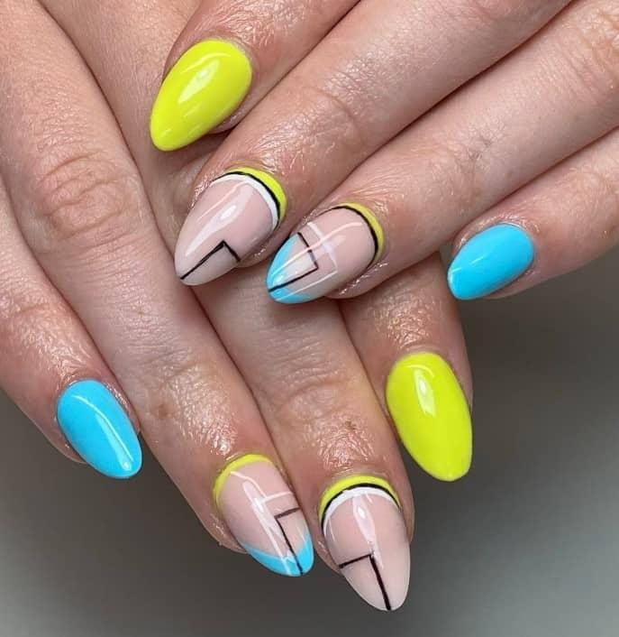 a yellow and blue nail with funky black-and-white line art on nude accent nails