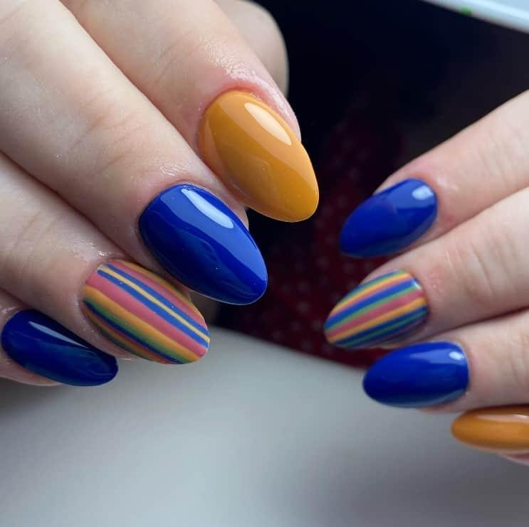 Bright blue and yellow in a sleek glossy finish with colorful stripes accent
