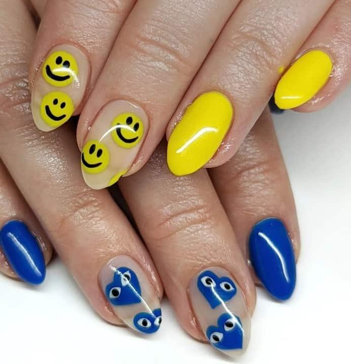 bright blue and yellow nails with fun cult classic accents