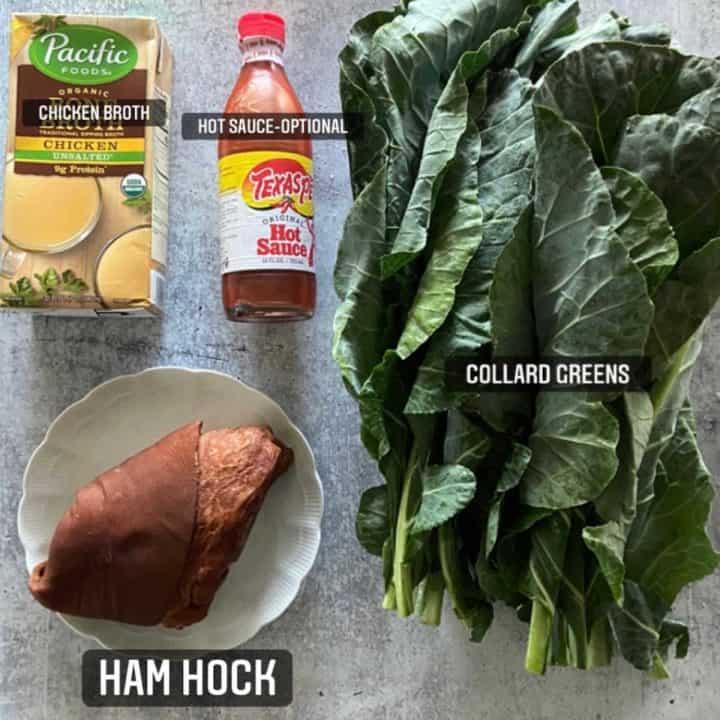 Ingredients to cook collard greens-ham hocks, chicken broth, collard greens, and hot sauce