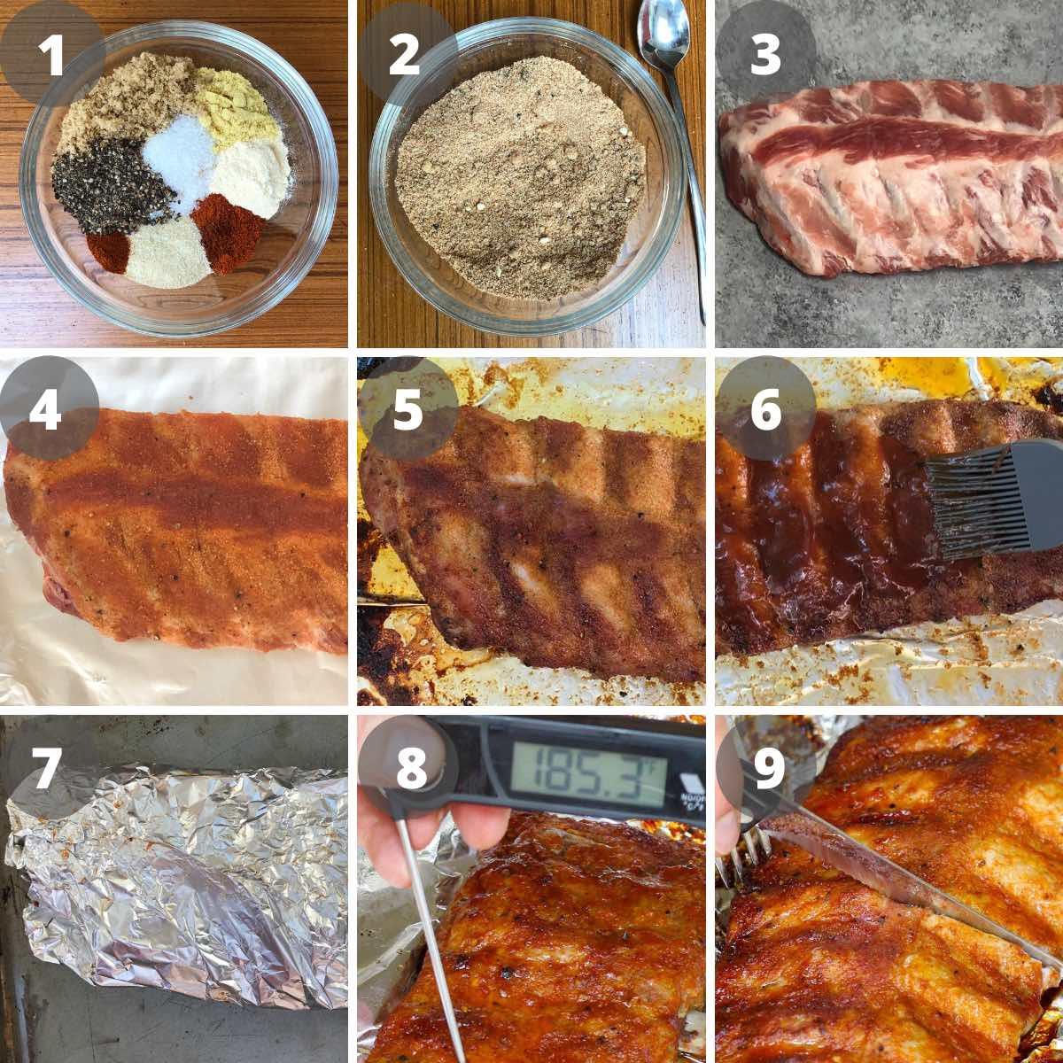 The key steps for baking ribs including seasoning, baking, saucing, and checking doneness