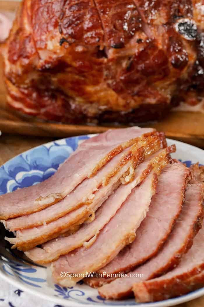Slices of Baked Ham with Brown Sugar Glaze on a plate
