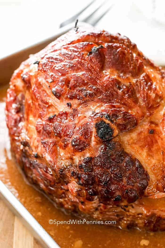 Baked Ham with Brown Sugar Glaze in a dish