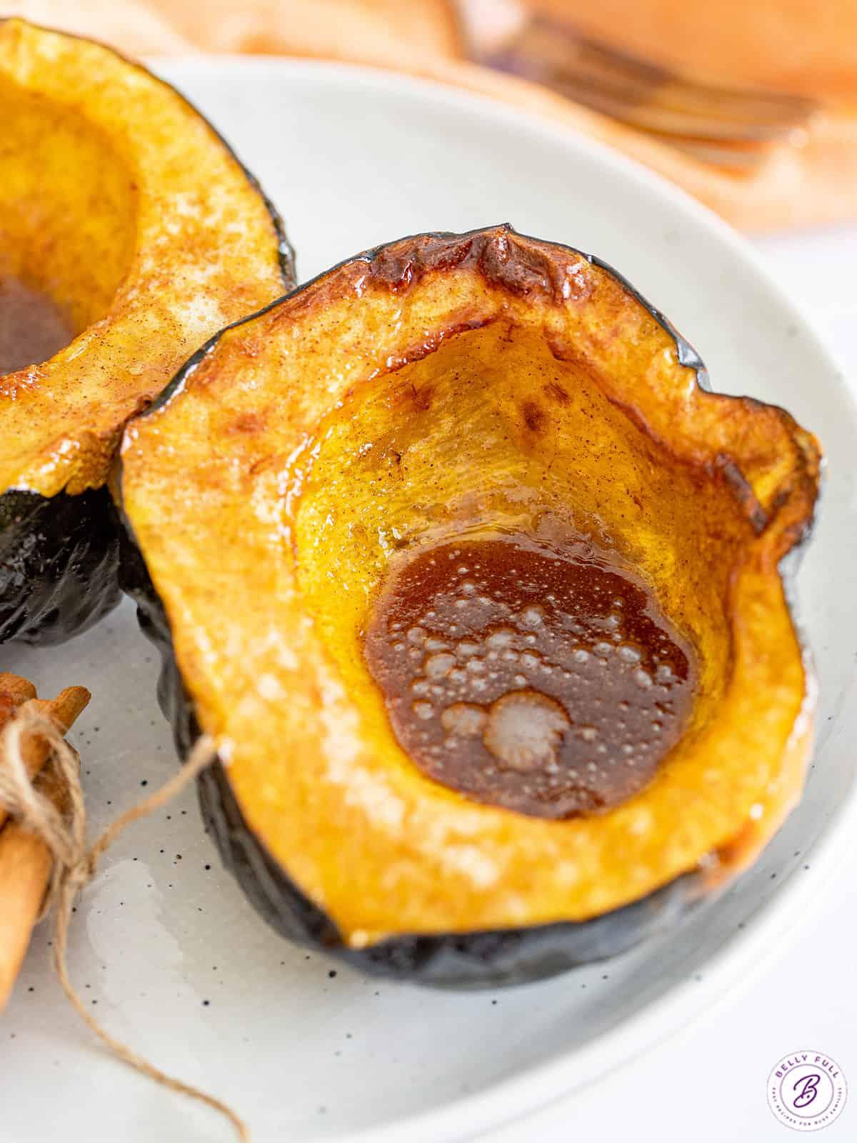 Overhead view of air fryer acorn squash with brown sugar