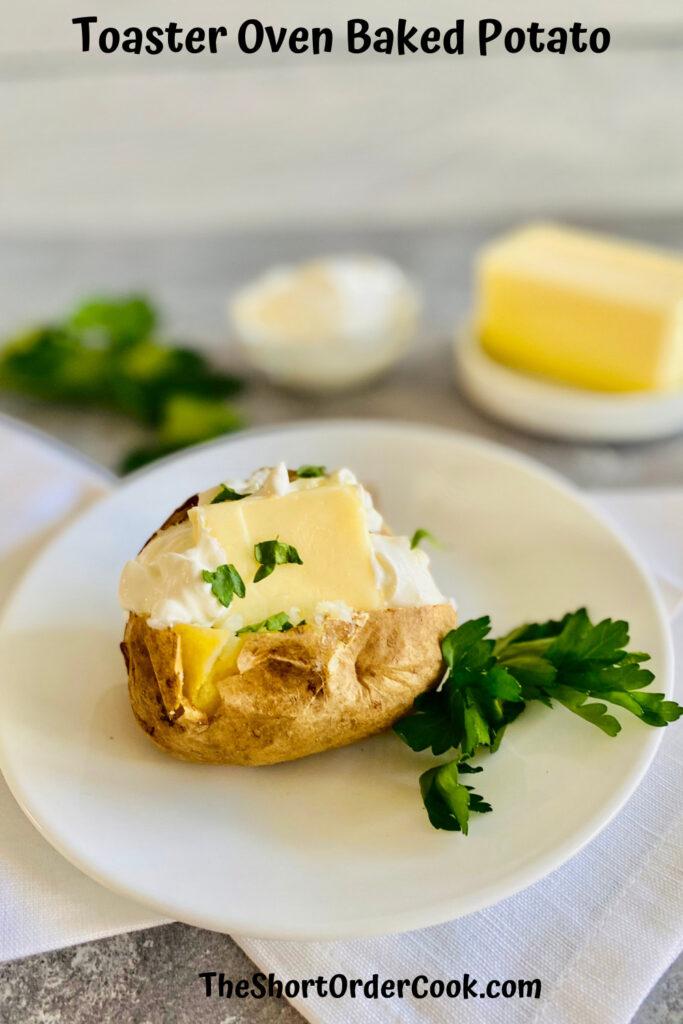 plated baked potato with sour cream and butter
