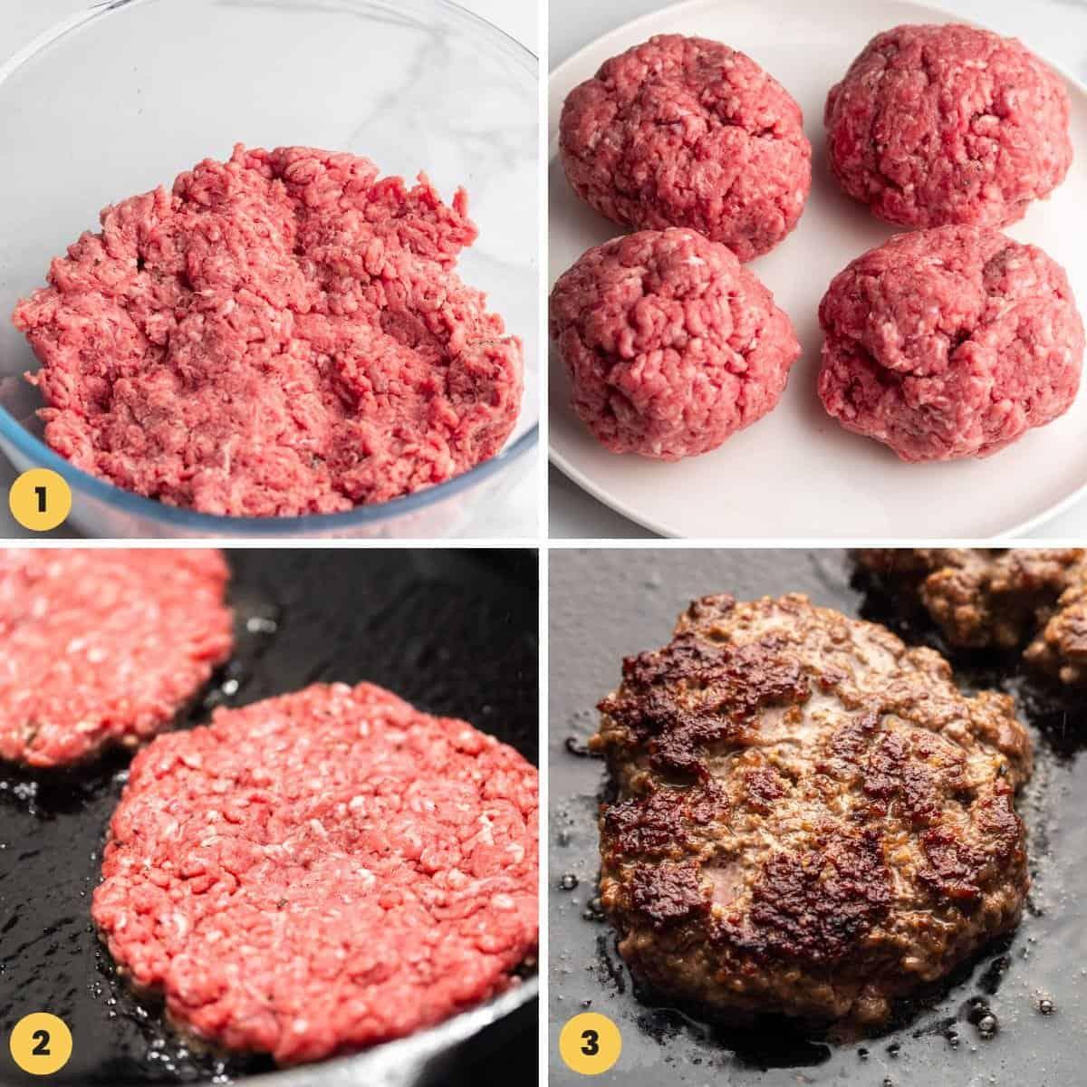 A collage of images showing how to make hamburgers on the stove.