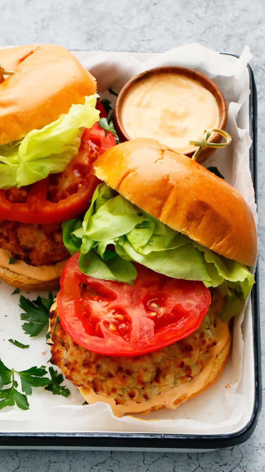 air fryer chicken burgers on a white tray
