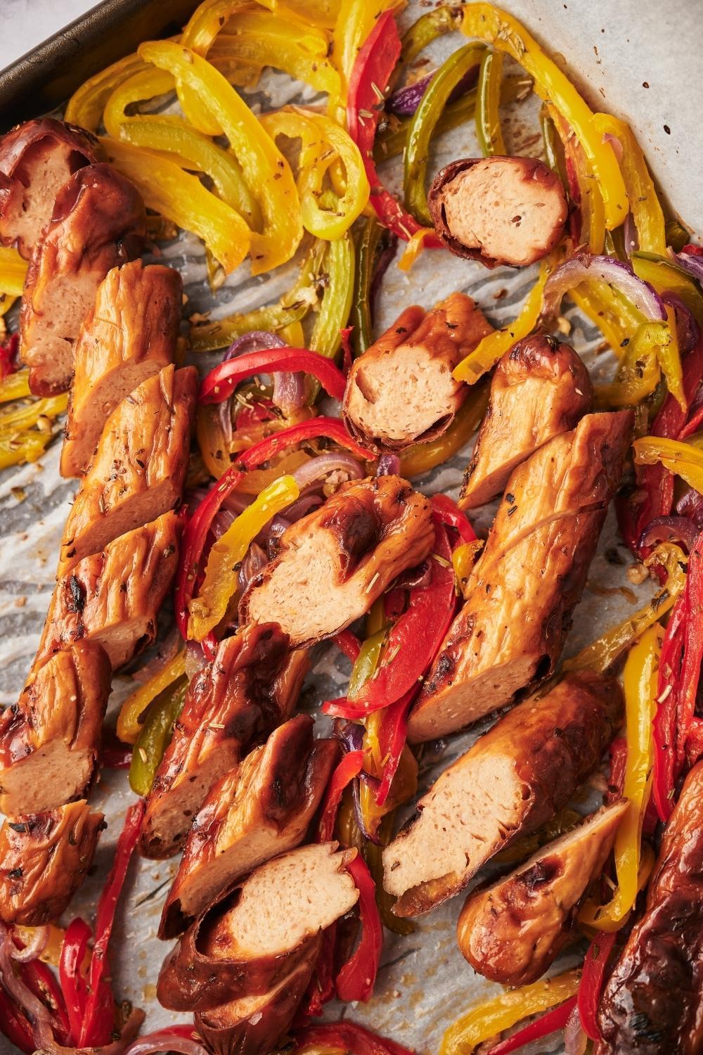 Close-up of chopped roasted chicken sausage with peppers