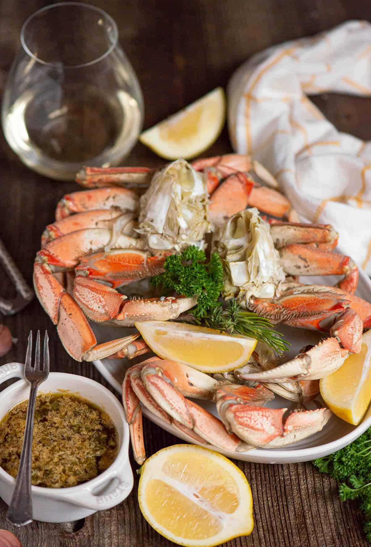 steamed Dungeness crab legs with garlic butter.