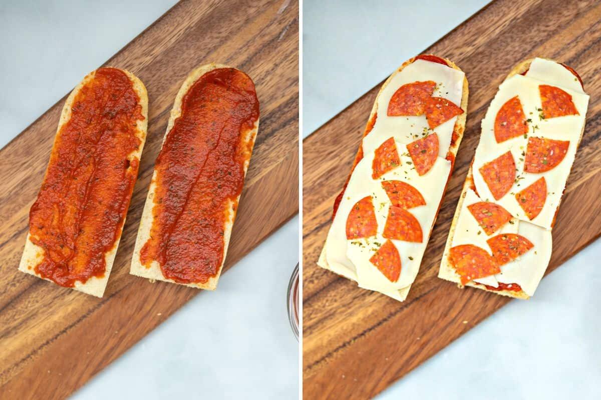 Side by side photo showing adding pizza sauce and cheese to toasted french bread.