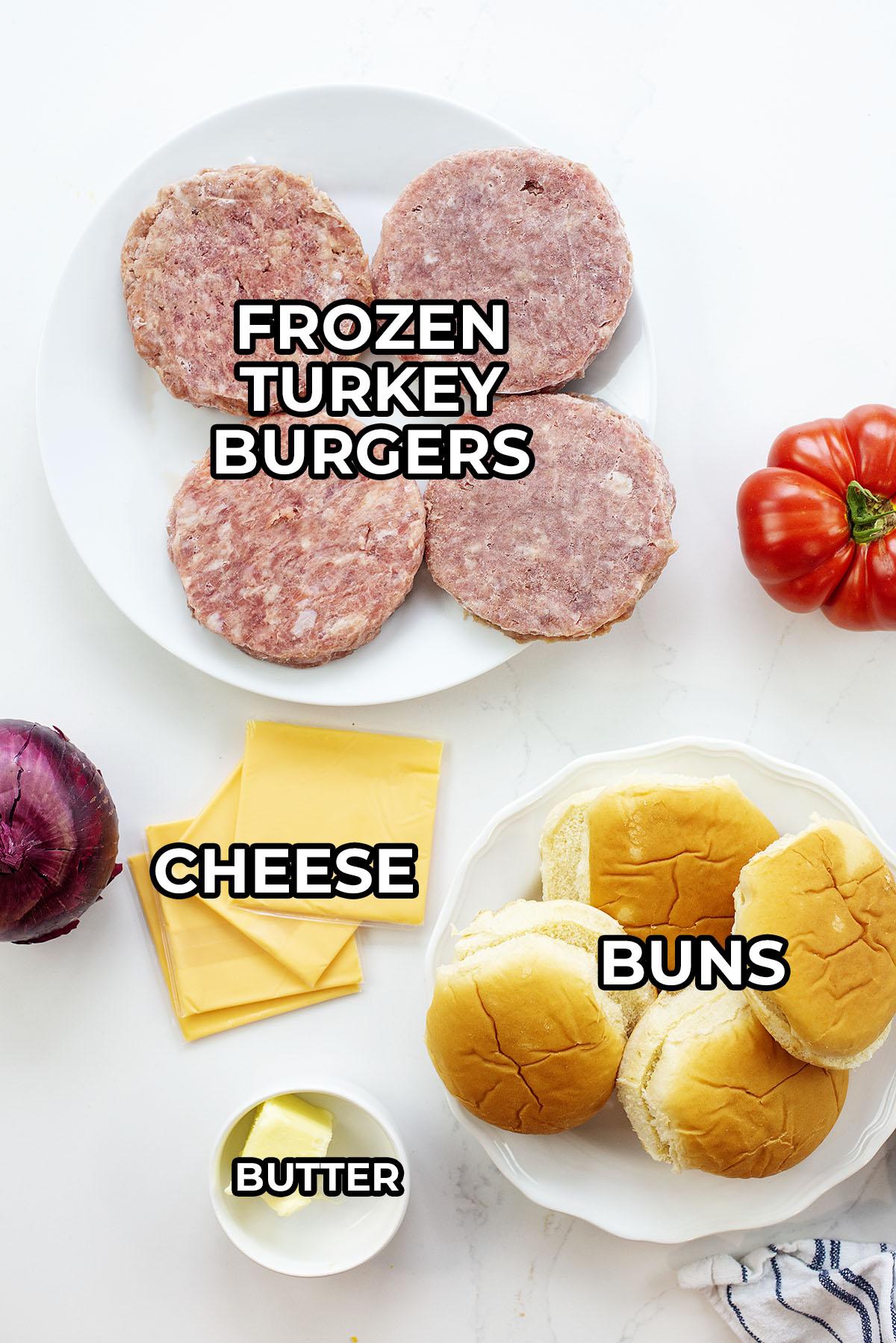 Frozen turkey burger ingredients on a countertop.