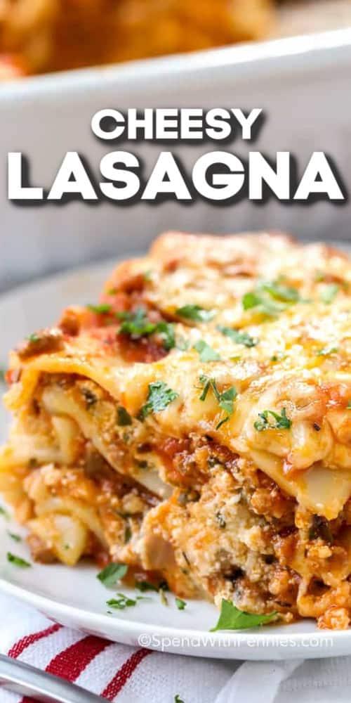 slice of Easy Homemade Lasagna with a title