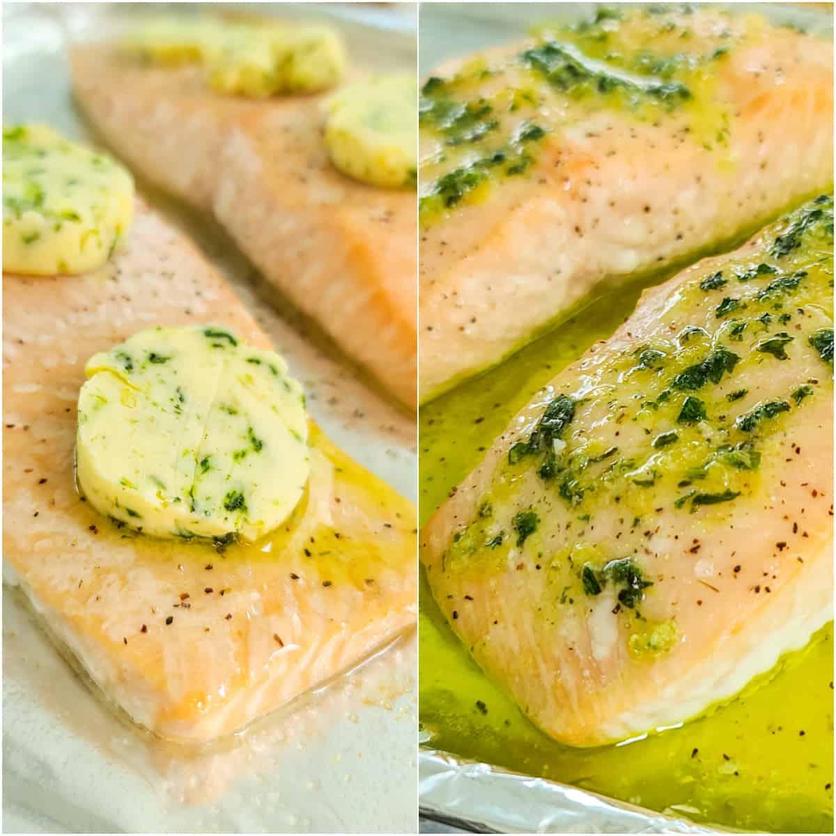 collage of 2 photos: sliced lemon basil butter on cooked salmon; melted compound butter on salmon