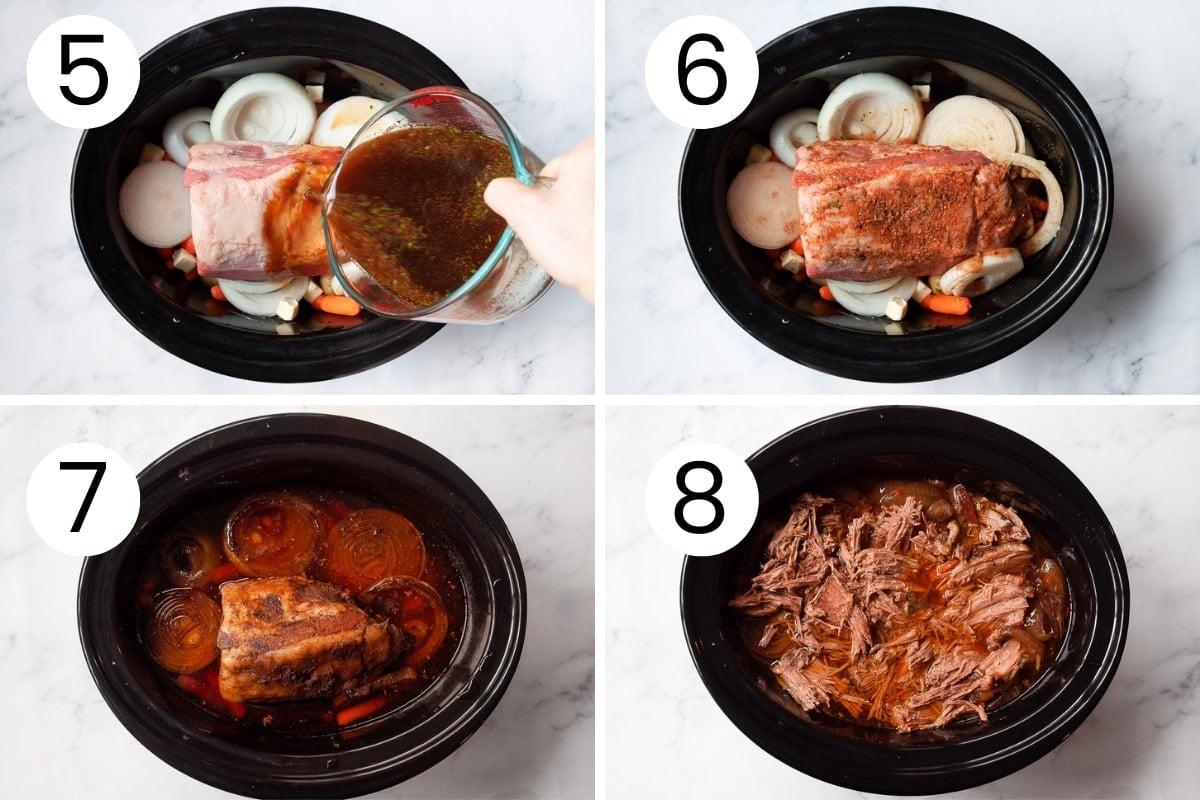 Person showing how to pour sauce over roast ingredients, then finished roast, and shredded meat in crock pot.