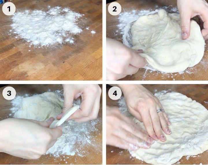 homemade pizza dough step by step guide flouring butcher block and pushing and stretching dough