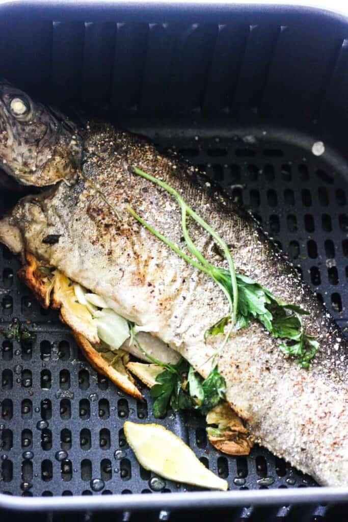 Cooked Air Fried Rainbow Trout with Garlic