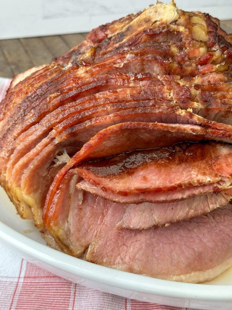 Sliced ham on a serving plate