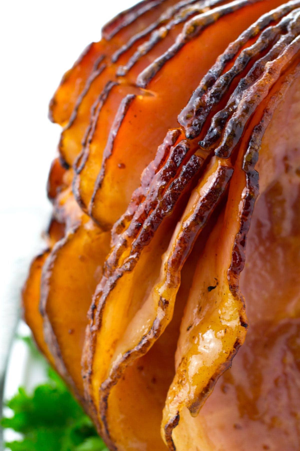 Juicy and moist slices of roaster ham.