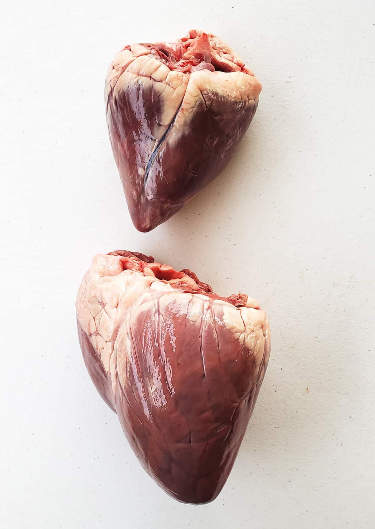 A deer heart and a nilgai heart on a cutting table.