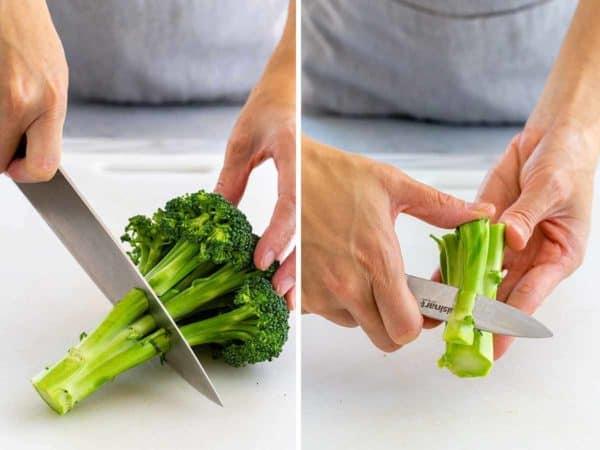 cutting the stalk off a broccoli