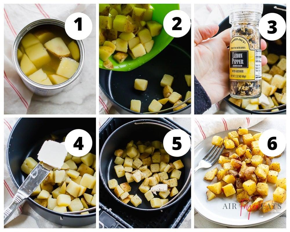 Air Fryer Potatoes from a can collage of pictures showing numbered steps 1 through 6