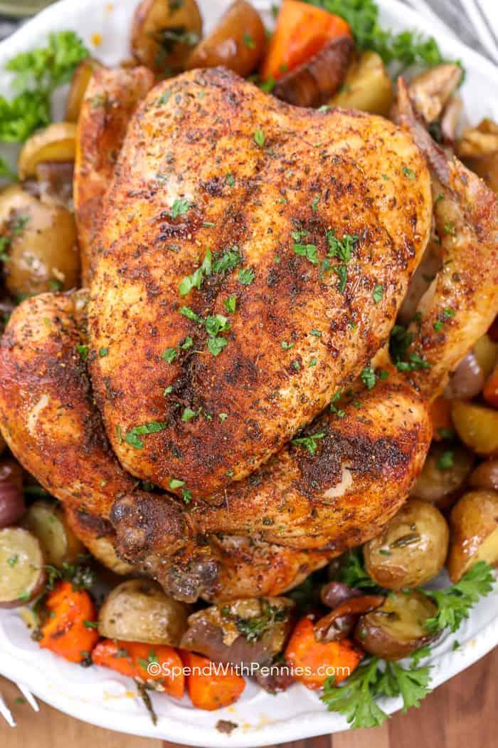Roast chicken with herbs and seasoning