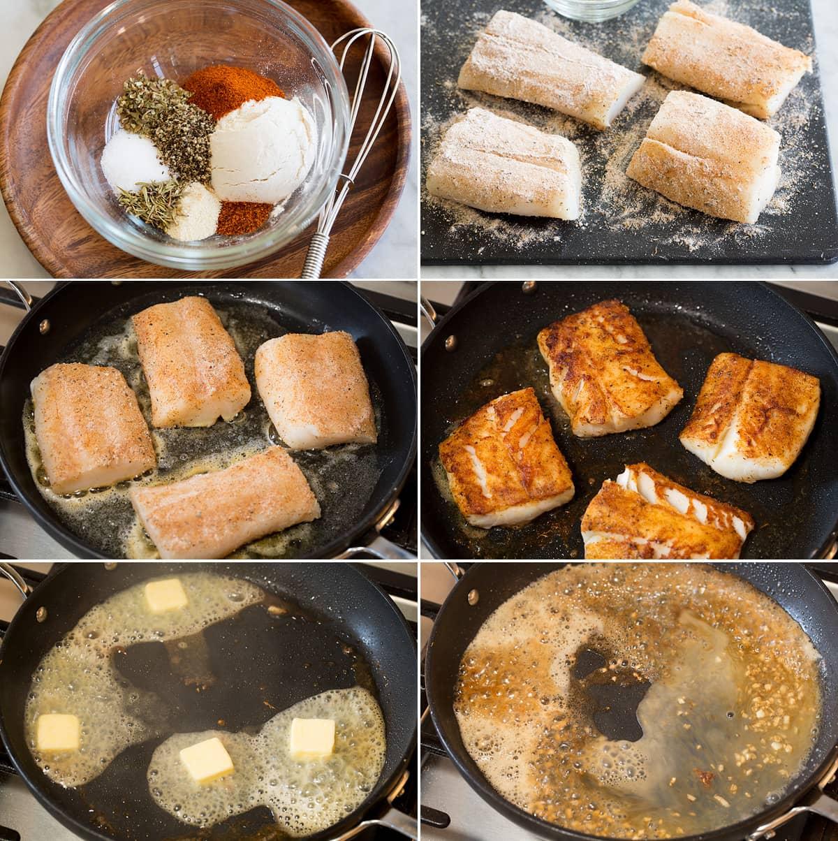 Collage of six photos showing how to make a cod recipe. Shows seasoning cod, searing in a skillet, and cooking a sauce in a skillet after.