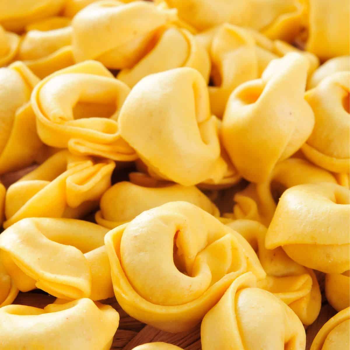 A closeup of a pile of fresh tortellini.