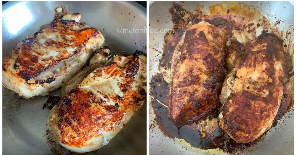 side by side images of seared jerk chicken