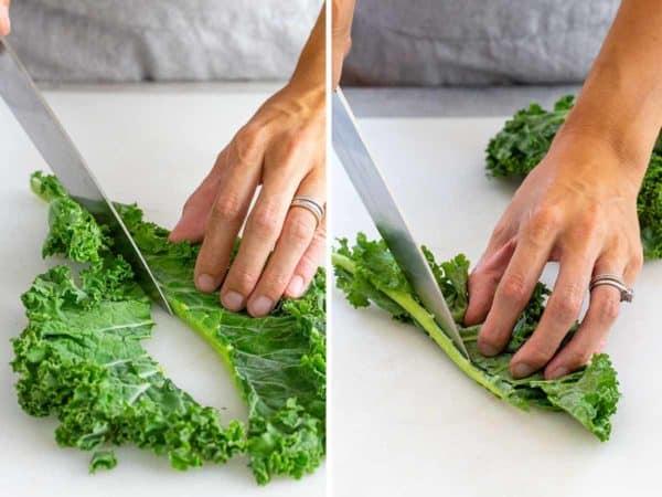 cutting the stem off of a kale leaf