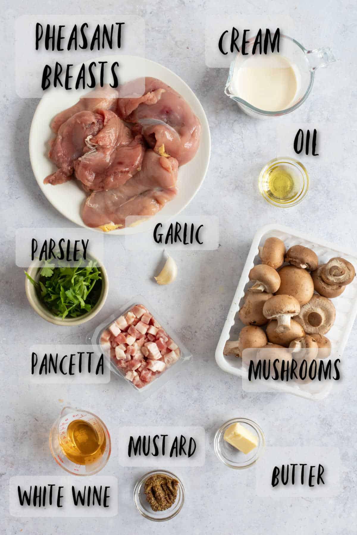Ingredients for pan fried pheasant breasts.