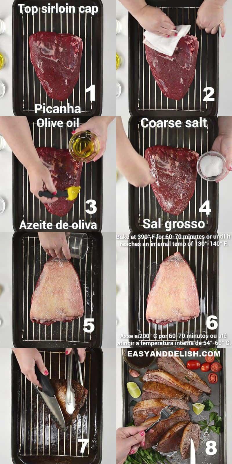 image collage showing how to amke picanha roast in 8 steps