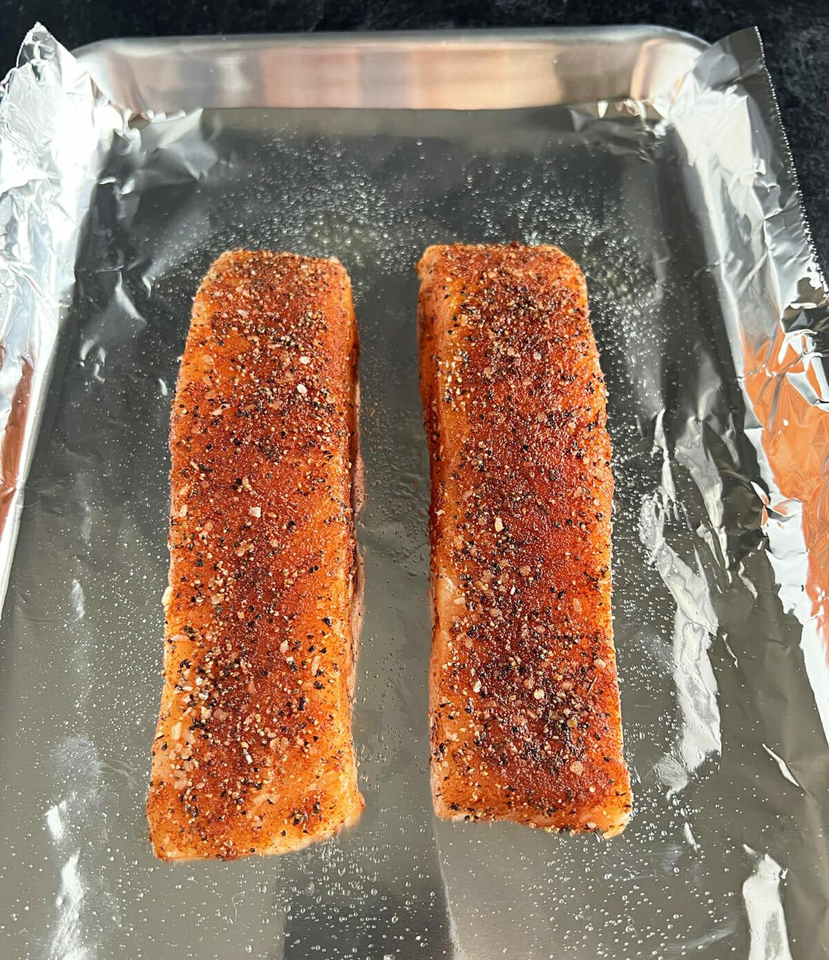 Tender, flaky salmon fillets baked in the oven.