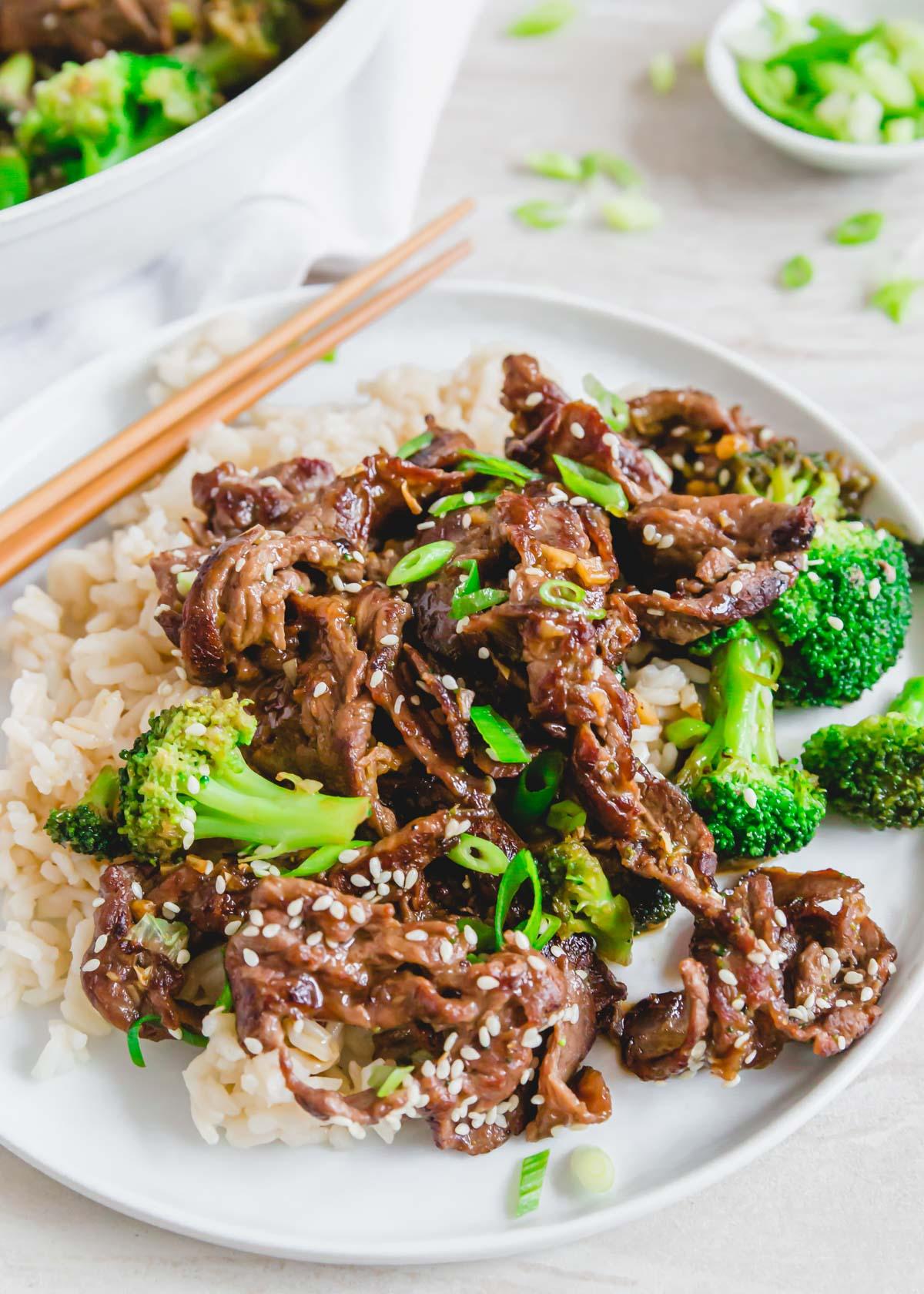 Shaved beef stir fry with broccoli and rice.