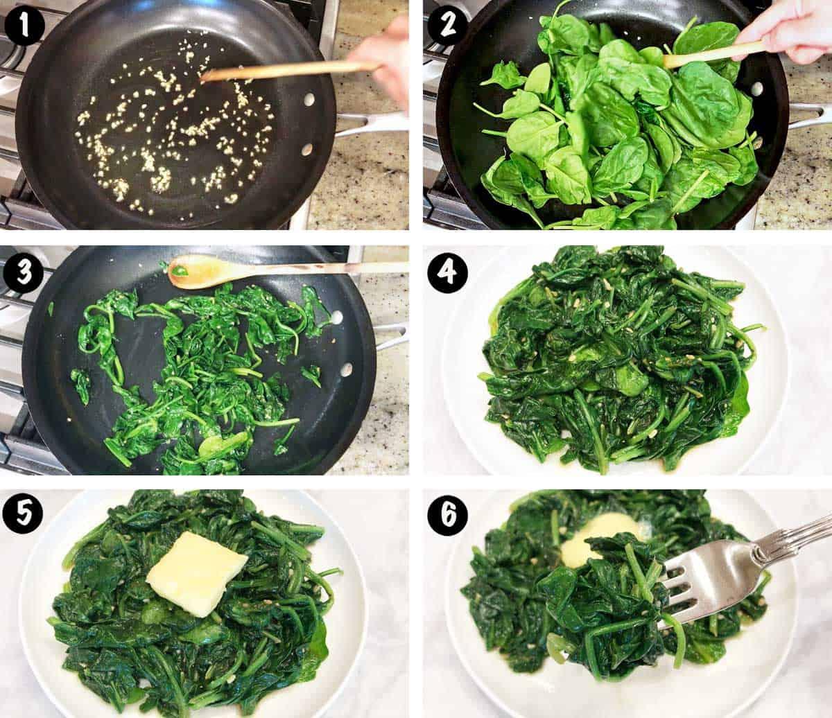 A six-photo collage showing the steps for sauteing spinach.