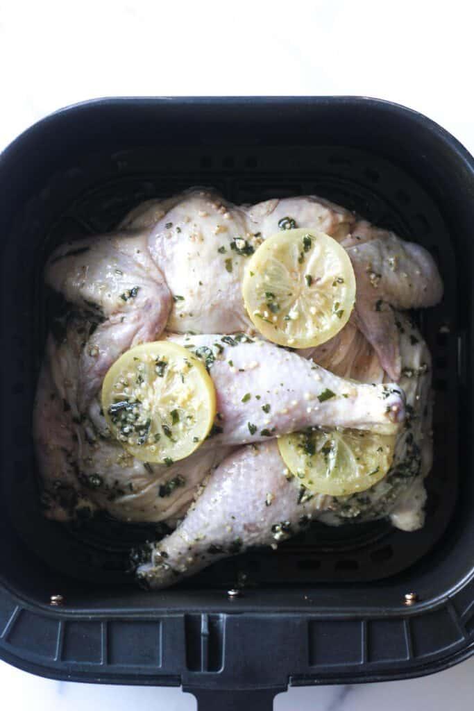 Raw chicken in air fryer before cooking