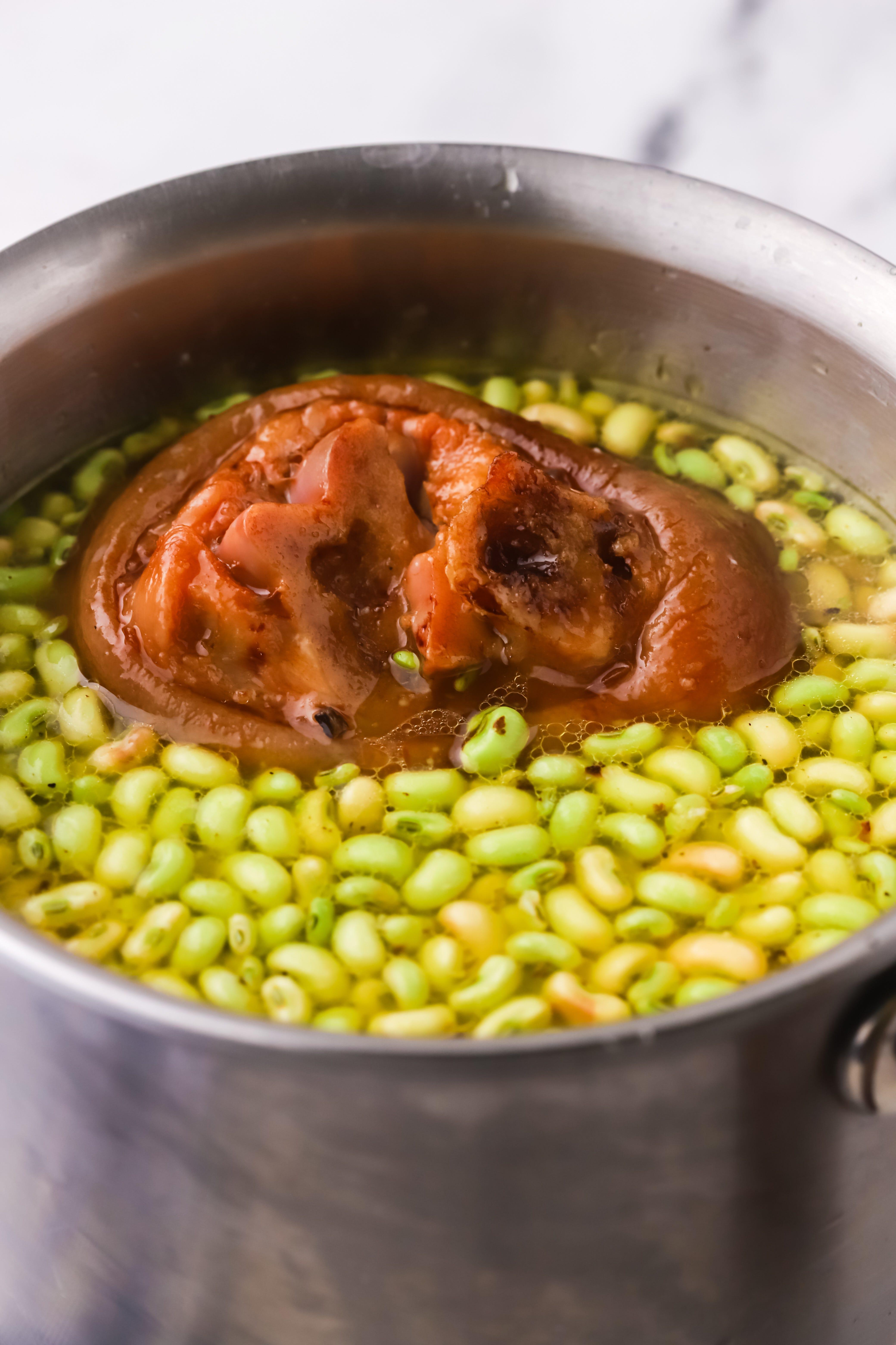 Ham hock and bacon grease are traditional for cooking white acre pea.