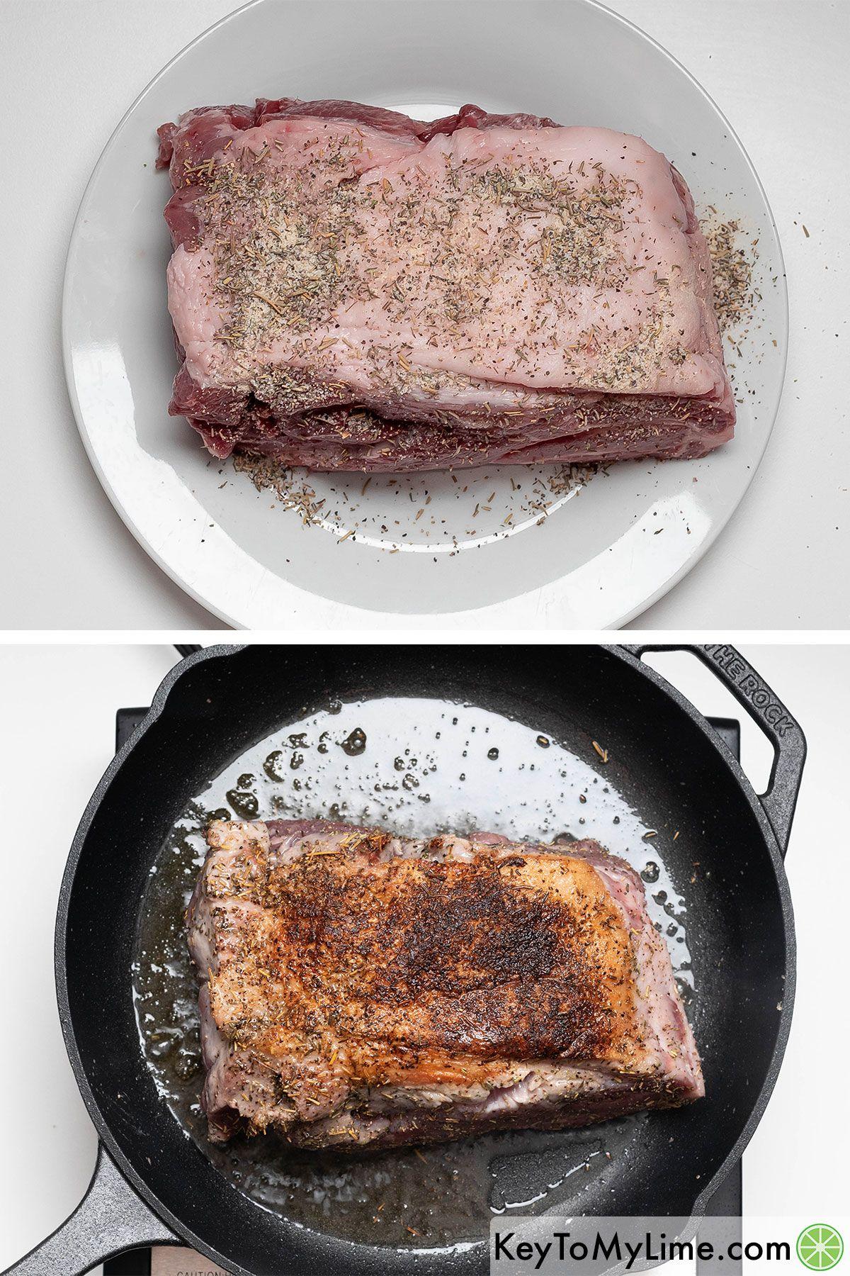Rubbing the seasoning mix over the roast on all sides then searing in a hot skillet.