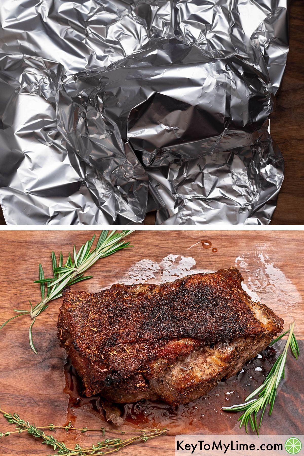 Covering the roast with aluminum foil and resting on a cutting board.