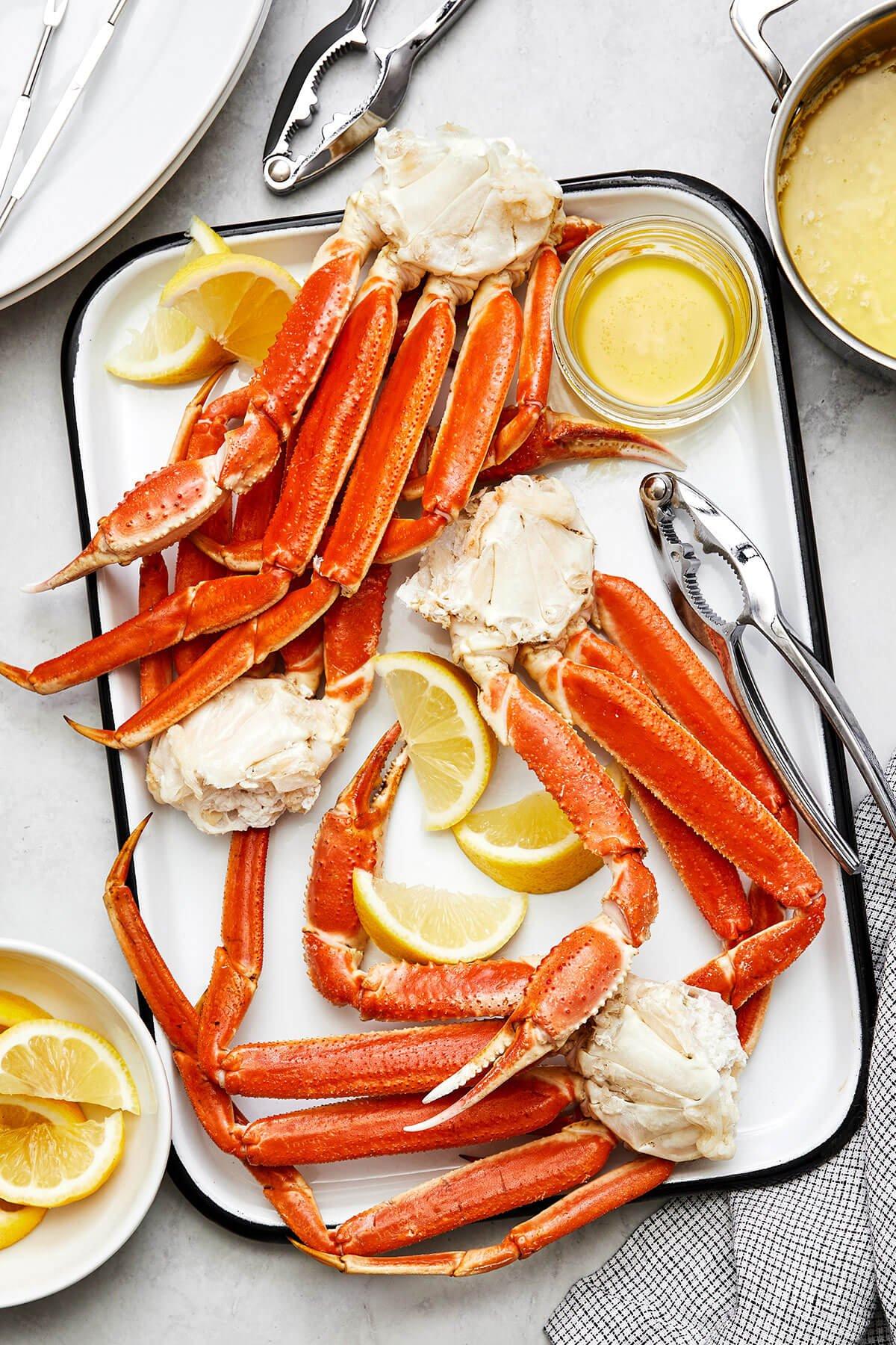Cooked crab legs on a tray