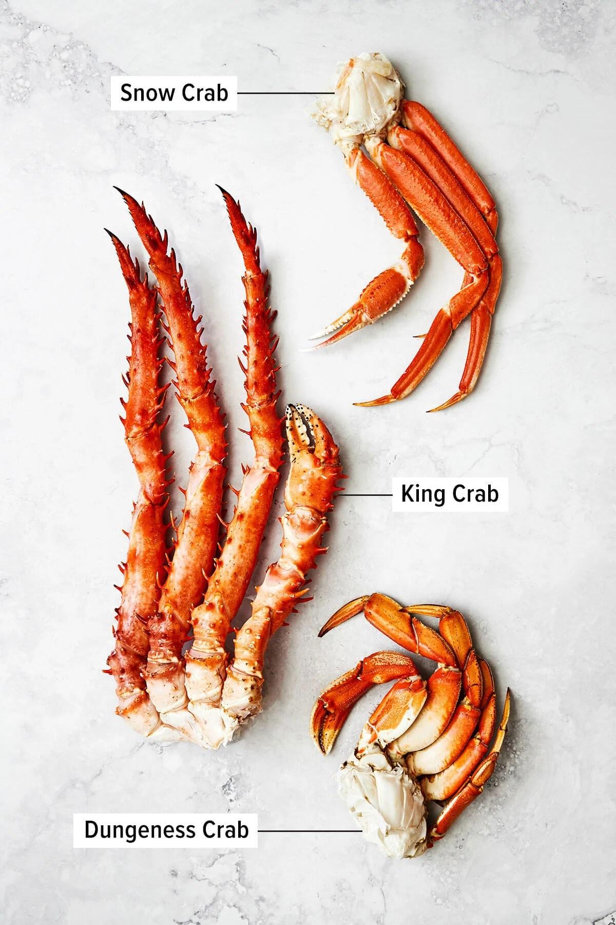 Three types of crab legs on a table