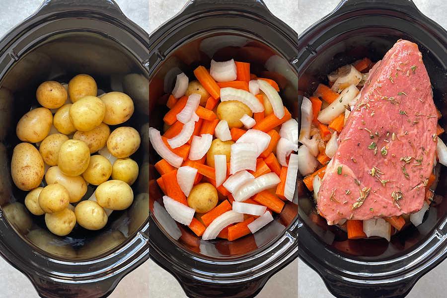 layering the ingredients in the crockpot insert for slow cooker sirloin tip roast