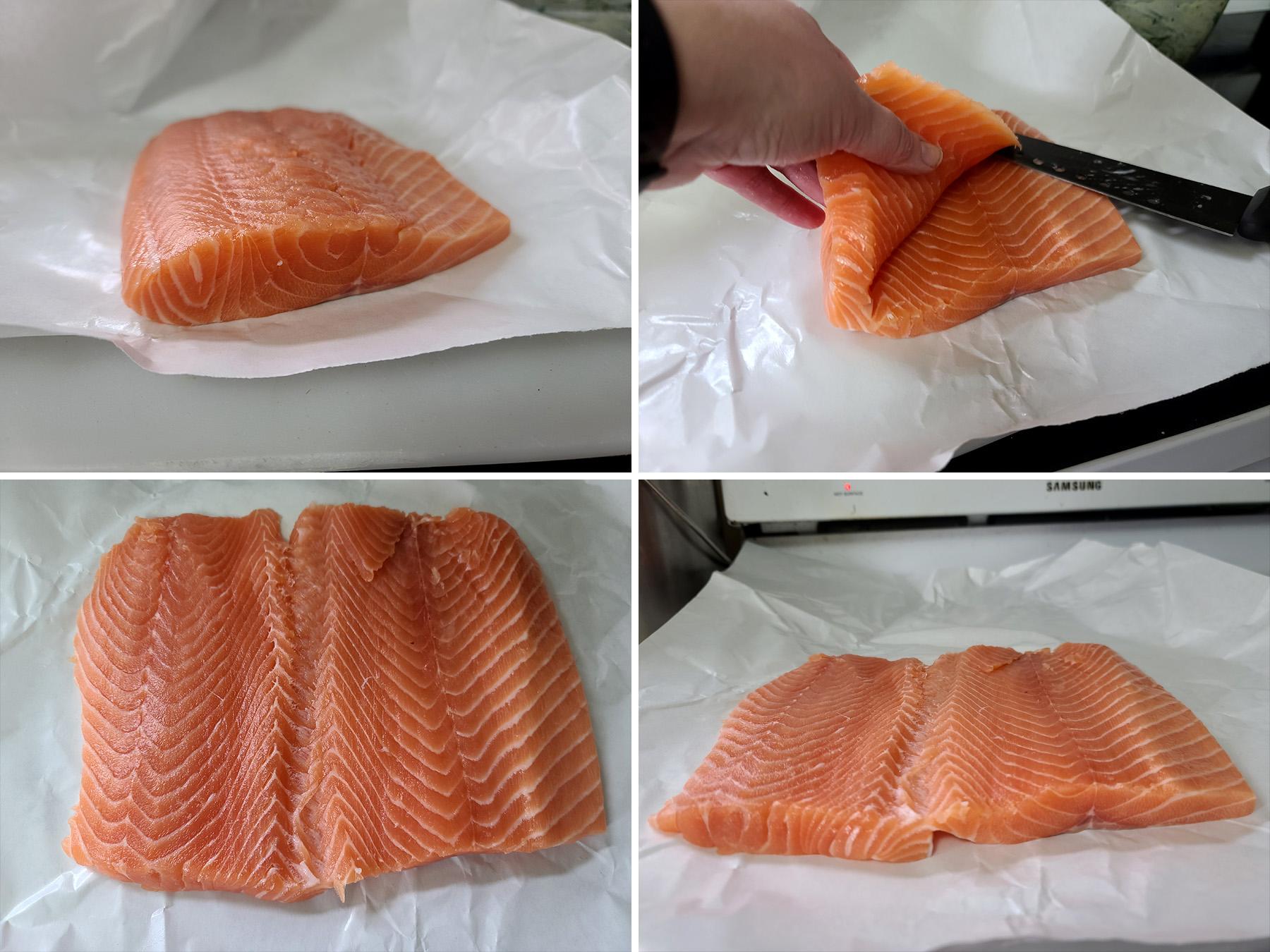 A 4 part image showing the salmon being partially butterflied, as described in the post.
