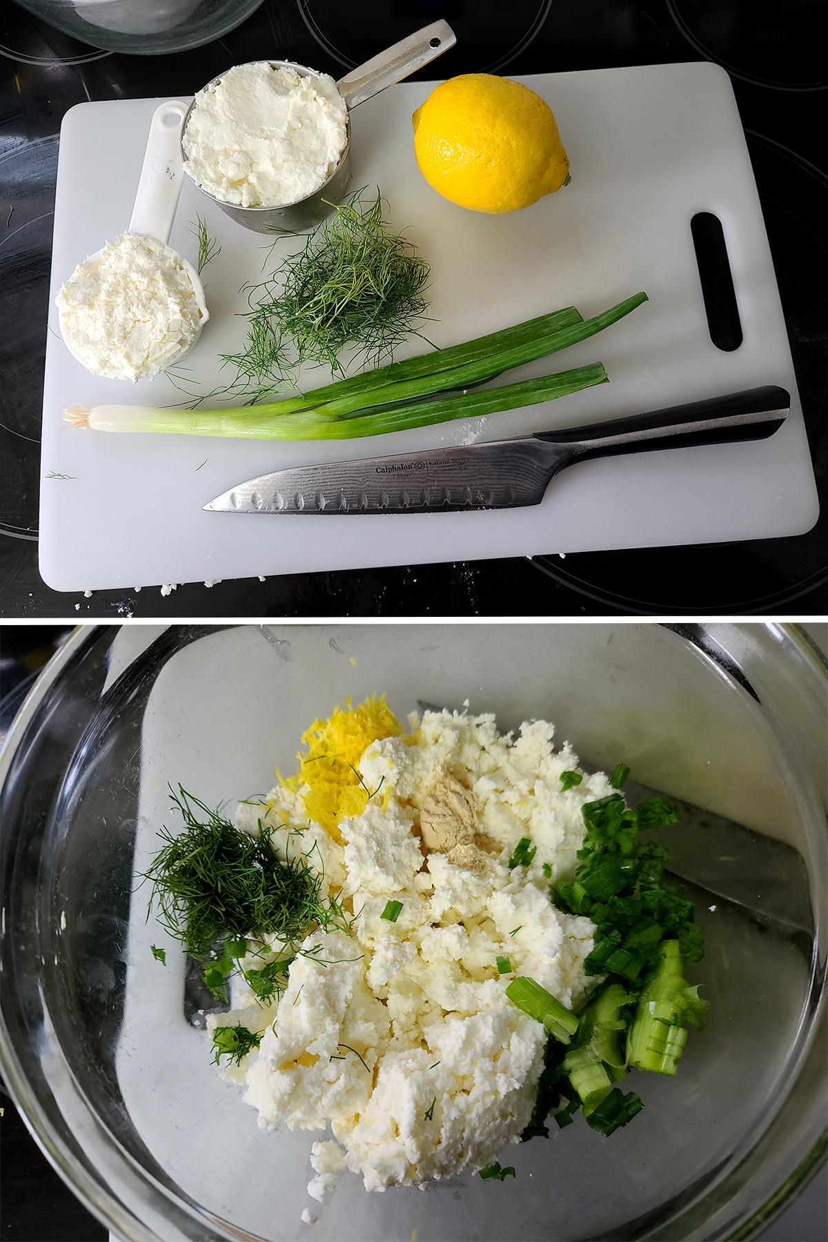 A cutting board with a lemon, the cheeses, dill, and green onions, then all of those ingredients in a bowl.