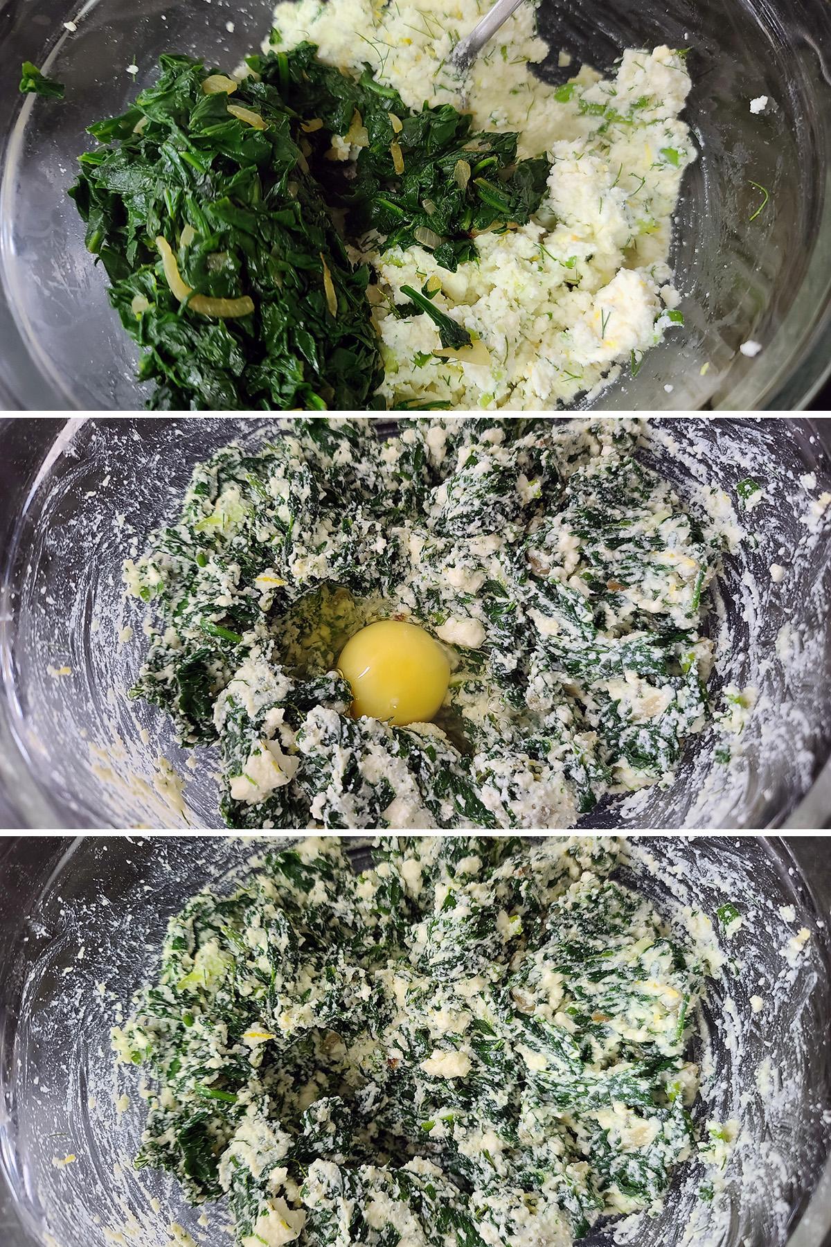 A 3 part image showing the spinach and egg being mixed in with the cheese and other filling ingredients.