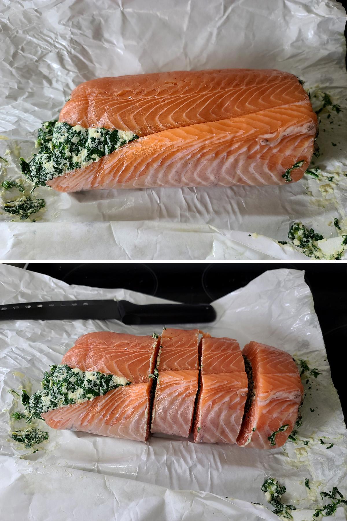 The chilled roll of salmon being sliced into rounds.