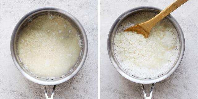 White rice cooking in a pot