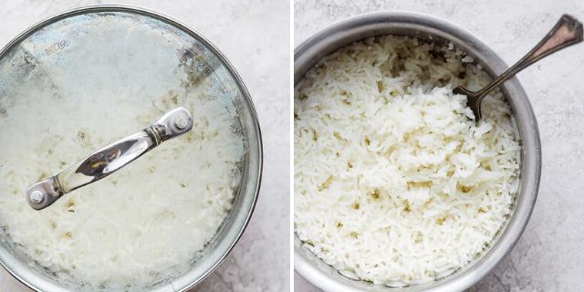 Collage of white rice in a pot with and without a lid