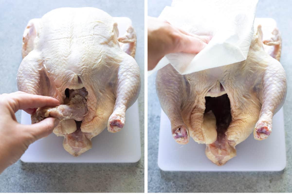 Two images showing how to prep a chicken for roasting. First, take out the neck and giblets, then pat down with paper towels.