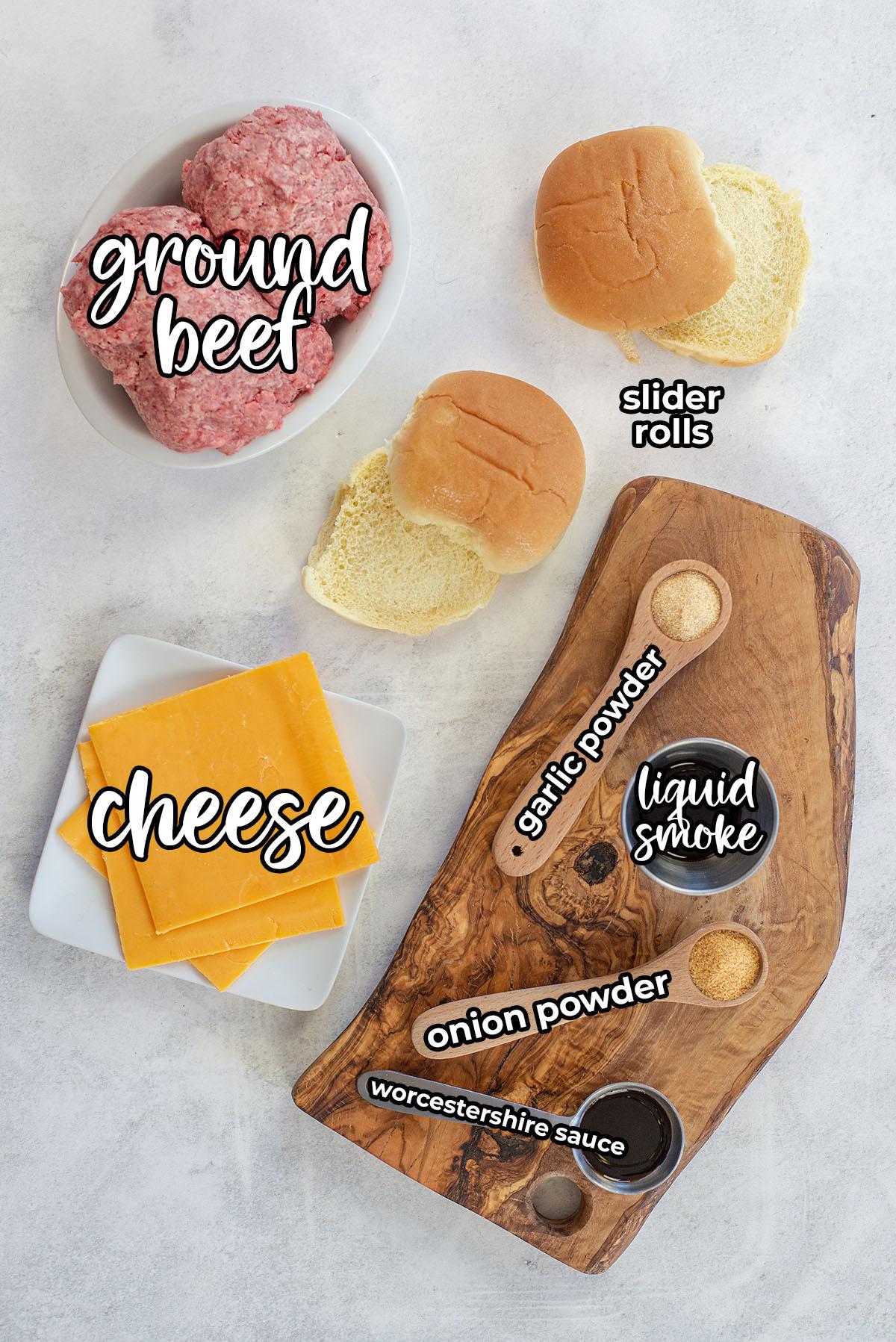 Cheeseburger slider ingredients on a countertop.